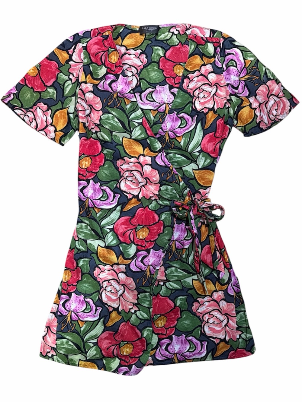 Zara Accessories Floral Wrap Dress Medium Rose Lily Print Tie Waist